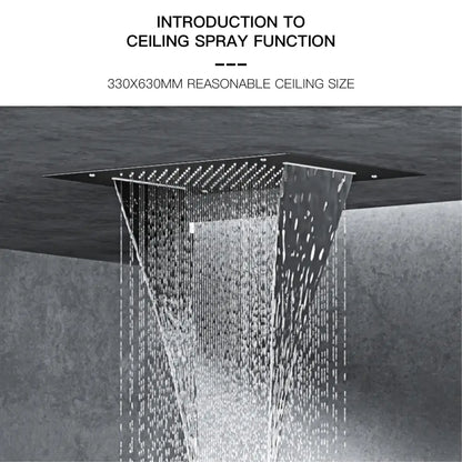 Black square chrome ceiling-mounted digital rainfall showerhead with led display and multiple water jets creating waterfall effect