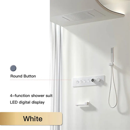 White 4-function shower suit with led digital display and round button controls in modern chrome digital rainfall system