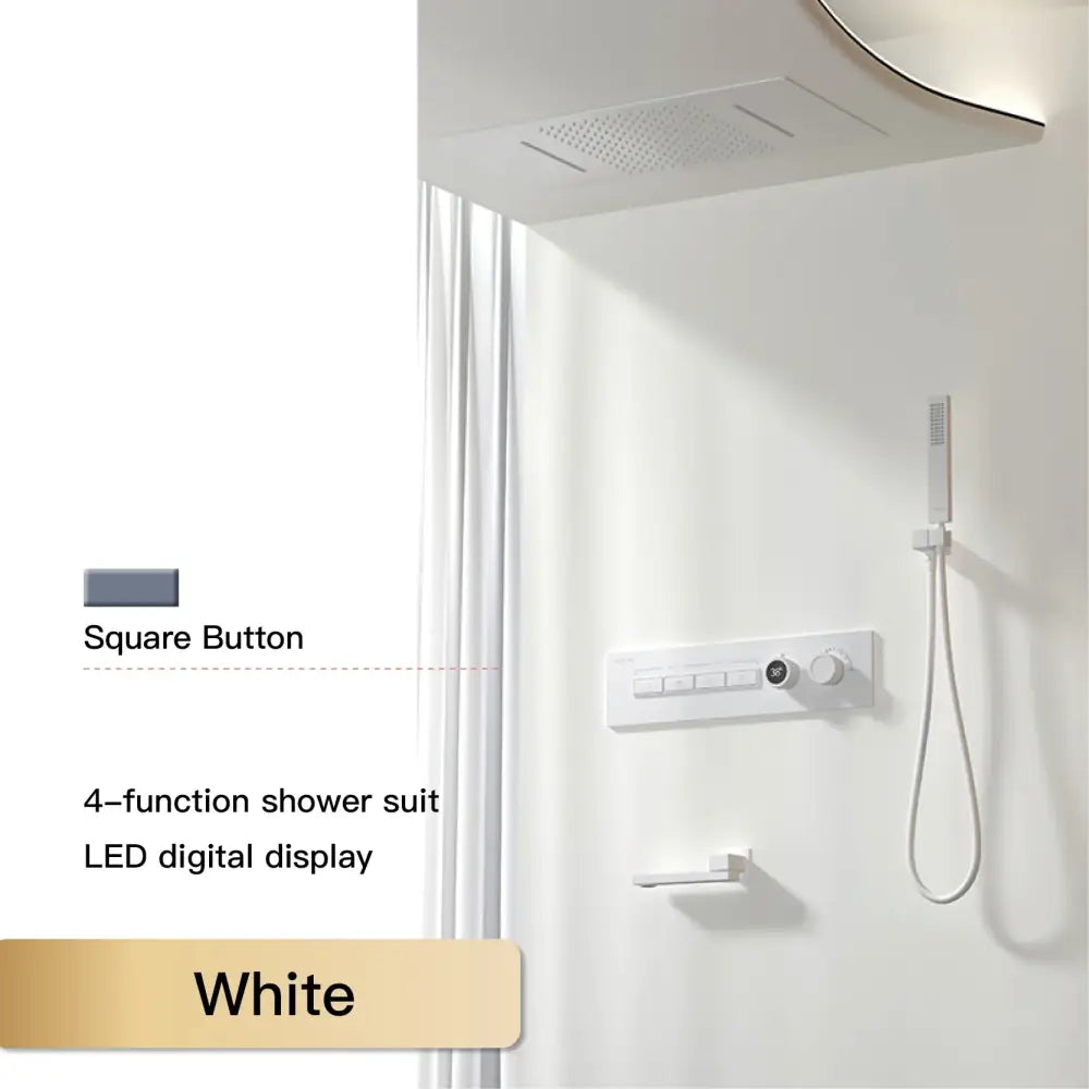White four-function shower suit with led digital display and chrome square button control panel for modern bathrooms