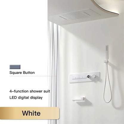 White four-function shower suit with led digital display and chrome square button control panel for modern bathrooms