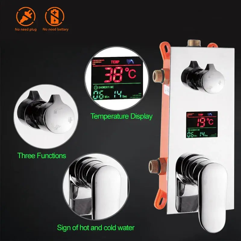 Modern chrome digital shower mixer with white temperature control panel chrome handles and orange mounting brackets