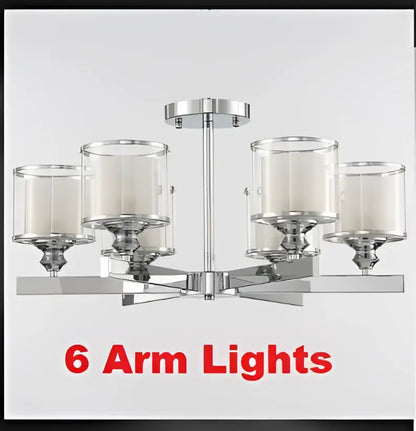 Modern chrome double glass led crystal chandelier with six clear glass shades and sleek geometric design for living room