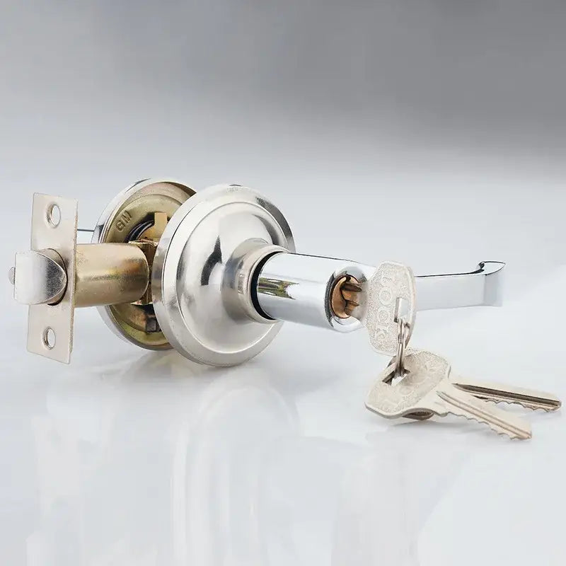 Modern chrome double handle lock kit with shiny chrome finish door handle lock and matching keys for kitchen doors