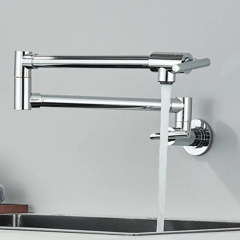 Modern chrome double joint pot filler faucet with extendable arm and dual handles for kitchen wall mount tap