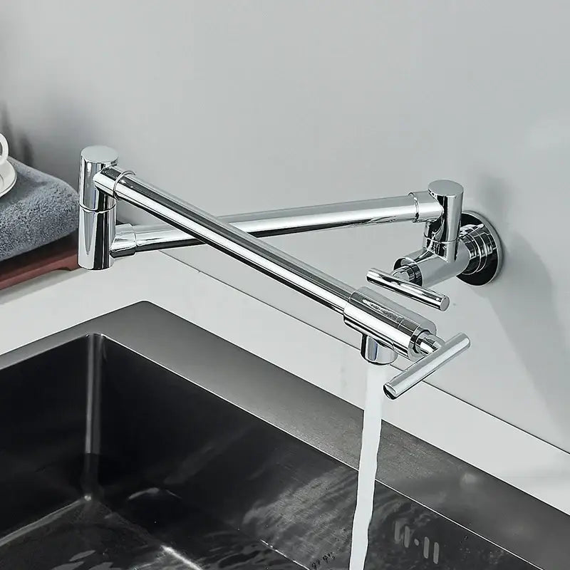 Modern chrome double joint pot filler faucet with articulated design and dual handles for hot and cold water control