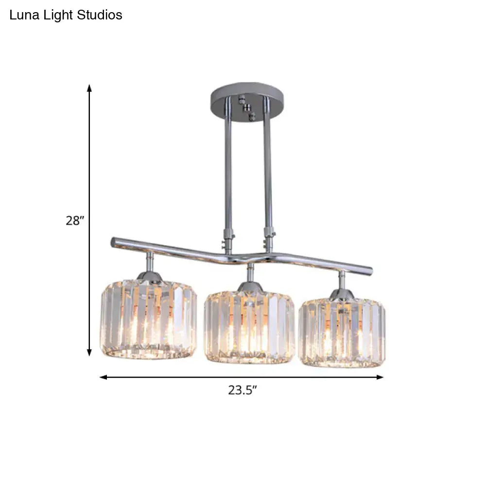 DecorBites™ modern chrome three-light pendant light with faceted crystal shades for dining room island lighting