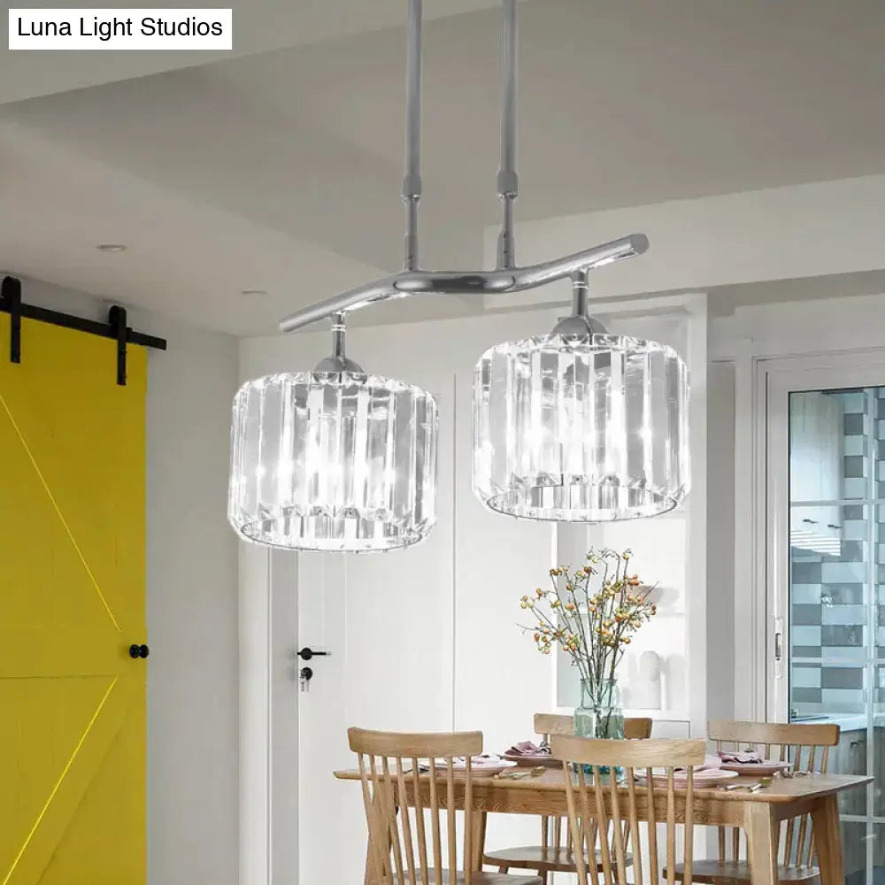 Modern chrome pendant light with two cylindrical crystal glass shades for dining room island lighting