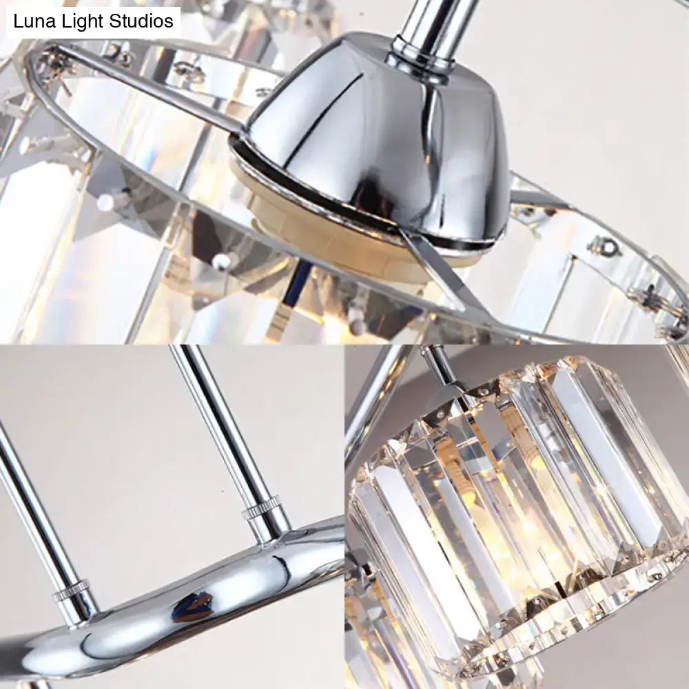 Decorbites™ modern chrome pendant light with faceted crystal prisms in tiered drum design for dining room island