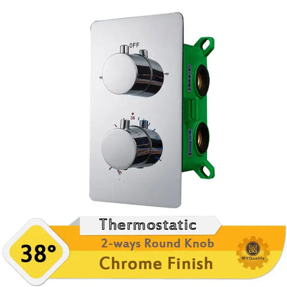 Modern chrome dual handle shower mixer valve with thermostatic control and two round knobs for temperature and flow adjustment