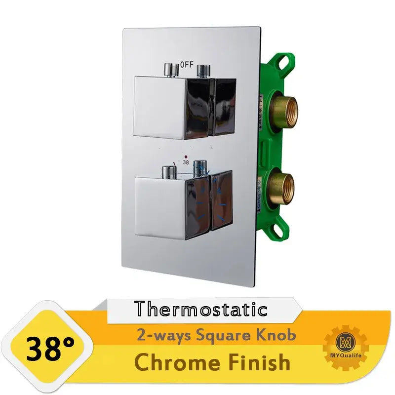 Modern chrome dual handle shower mixer valve with square knobs and green mounting bracket in chrome finish
