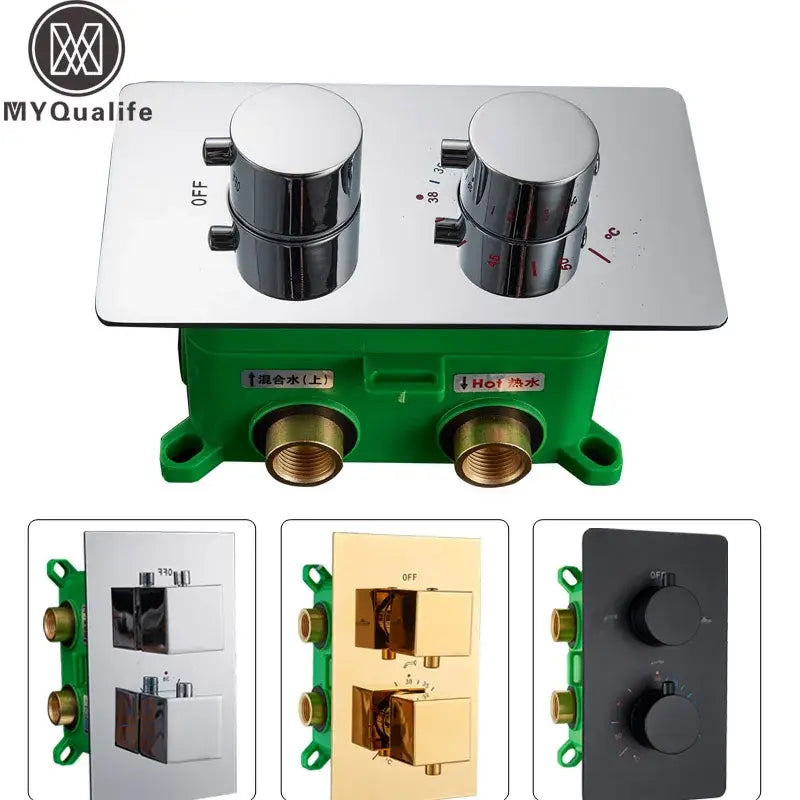 Modern chrome dual handle shower mixer valve with sleek rectangular design and green mounting base for bathroom use