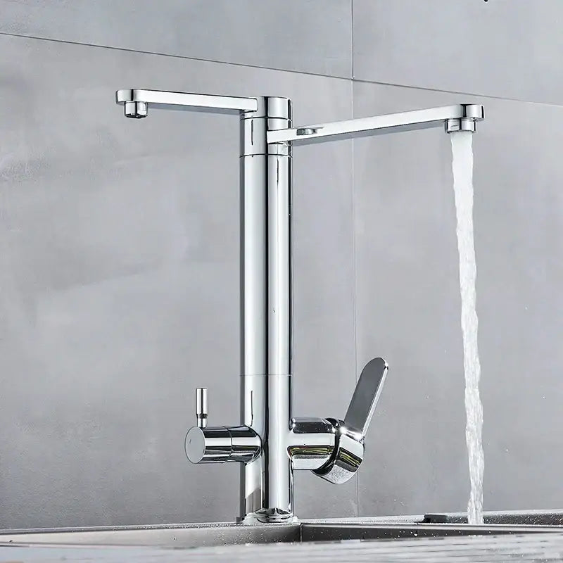 Modern chrome dual handle waterfilter kitchen faucet with sleek tall design dual spouts and 360 rotation by decorbites