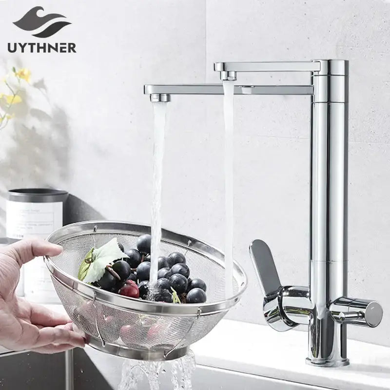 Modern chrome dual handle waterfilter kitchen faucet with chrome finish and 360 rotation for decorbites dual handle use