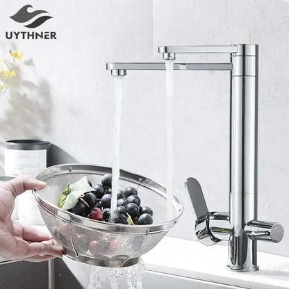 Modern chrome dual handle waterfilter kitchen faucet with chrome finish and 360 rotation for decorbites dual handle use