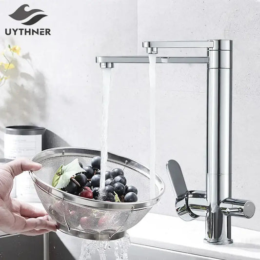 Modern chrome dual handle waterfilter kitchen faucet with chrome finish and 360 rotation for decorbites dual handle use