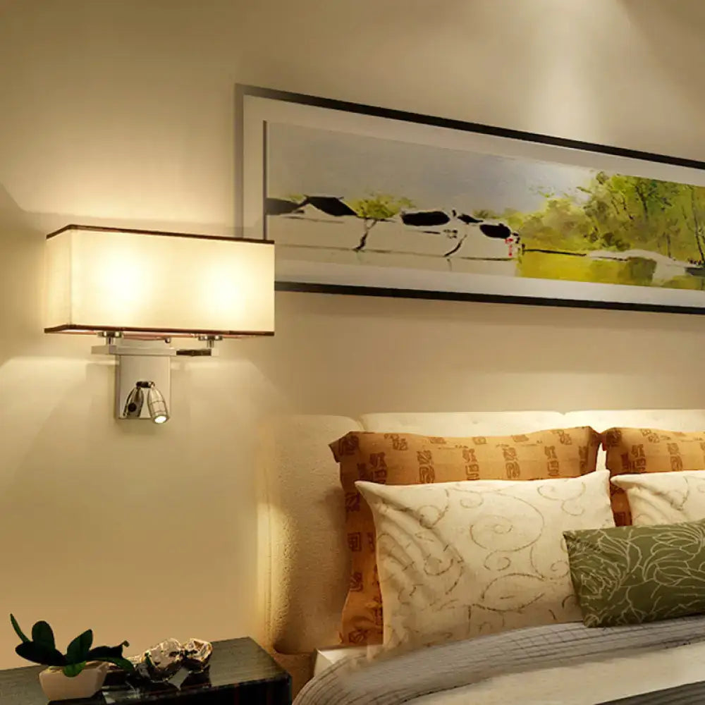 Modern chrome fabric led wall sconce with beige shade and metallic frame direct wired electric lighting fixture inches width