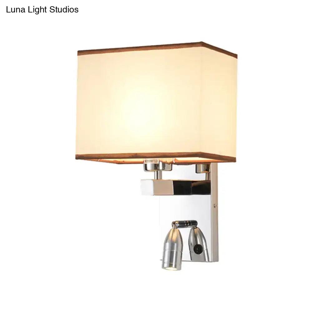 Modern chrome fabric led wall sconce with off-white shade and adjustable spotlights direct wired electric lighting fixture