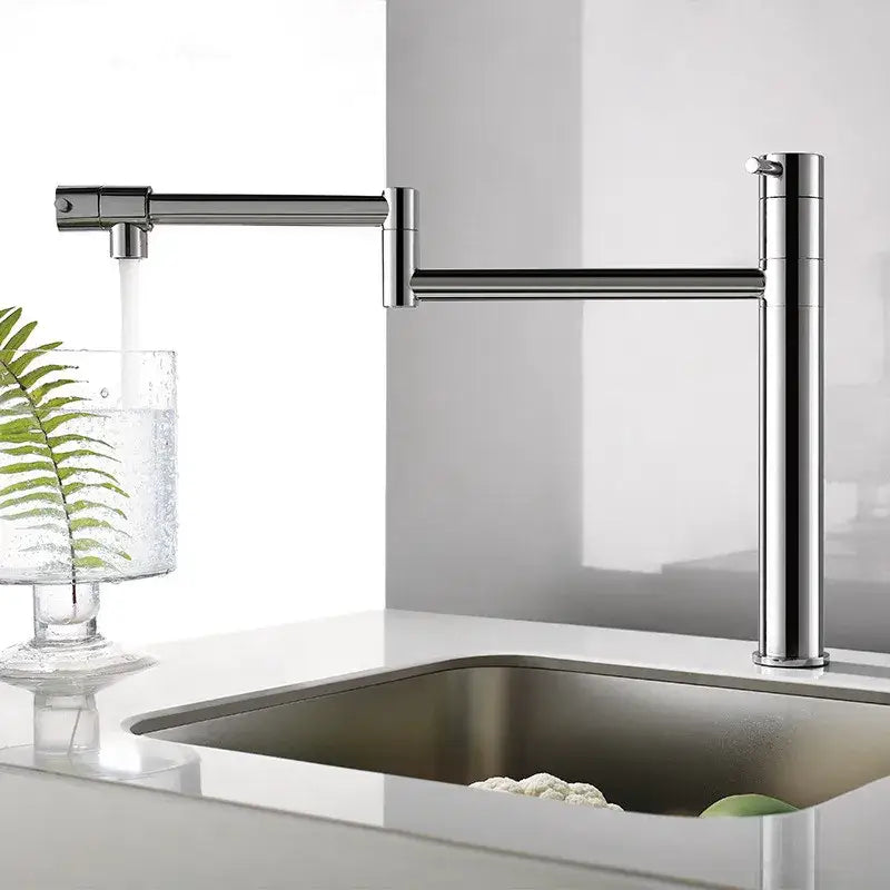 Modern chrome foldable kitchen faucet with articulated spout featuring a sleek chrome finish and flexible design
