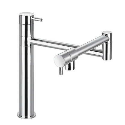 Modern chrome foldable kitchen faucet with articulated spout and dual handles in sleek chrome finish