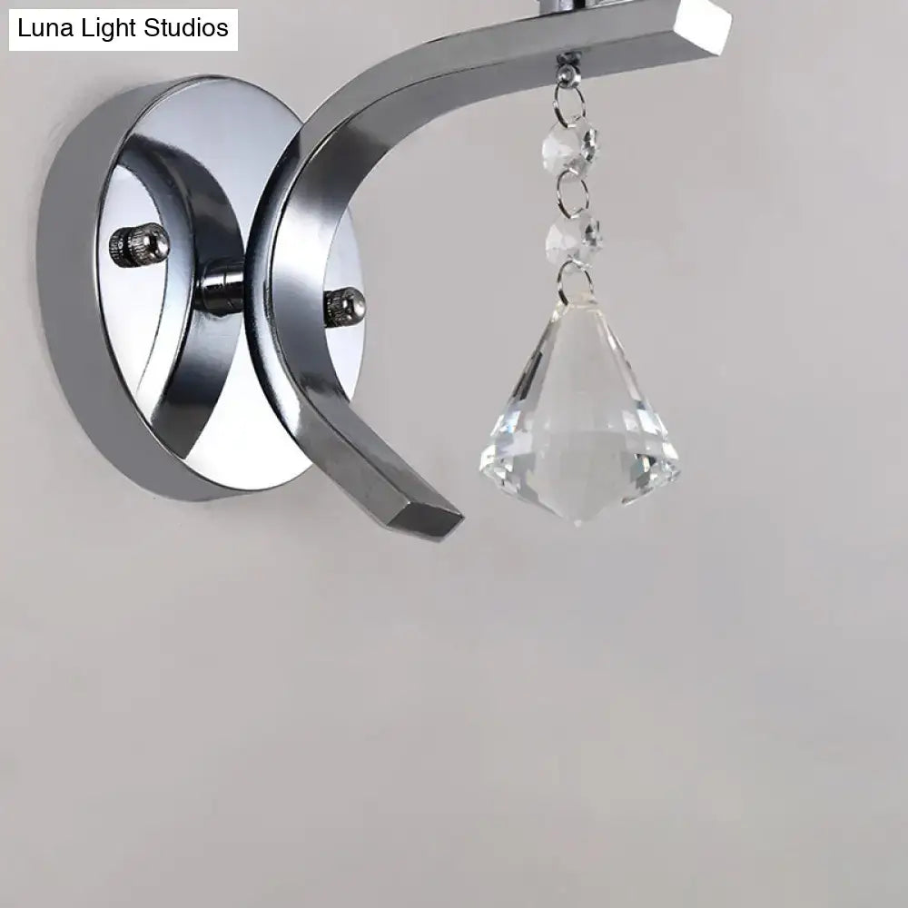 Modern chrome frosted glass wall light fixture with sleek curved arm and crystal pendant for bedroom lighting