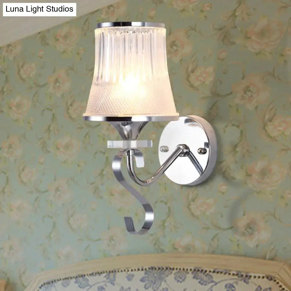 Modern chrome wall light fixture with textured translucent glass shade suitable for led incandescent fluorescent bulbs