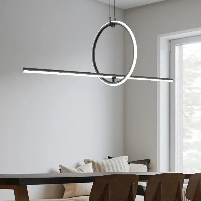 Modern chrome geometric led pendant light with sleek black frame and illuminated bar for dining room decorbites geometric led