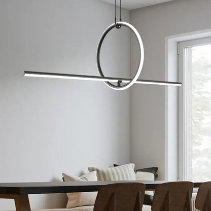 Modern chrome geometric led pendant light with sleek black frame and illuminated bar for dining room decorbites geometric led