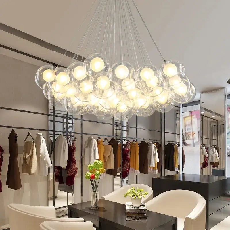 Modern chrome decorbites glass ball led chandelier with warm glowing bulbs for living room and dining room decor