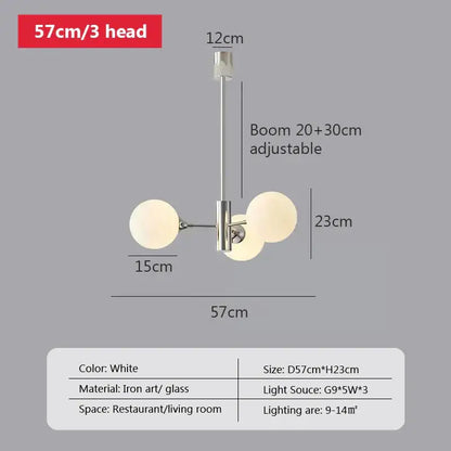 Modern white three-head chandelier with sleek iron and glass ball led design for living room decorbites lighting