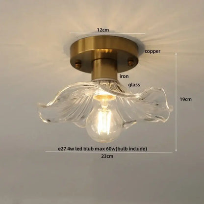 Modern chrome glass led ceiling light with a clear flower-shaped pendant and brass-finished copper iron base ceiling lamp