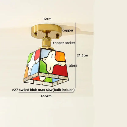 Modern chrome glass led ceiling lamp with colorful stained glass light fixture featuring white dove motifs and copper base
