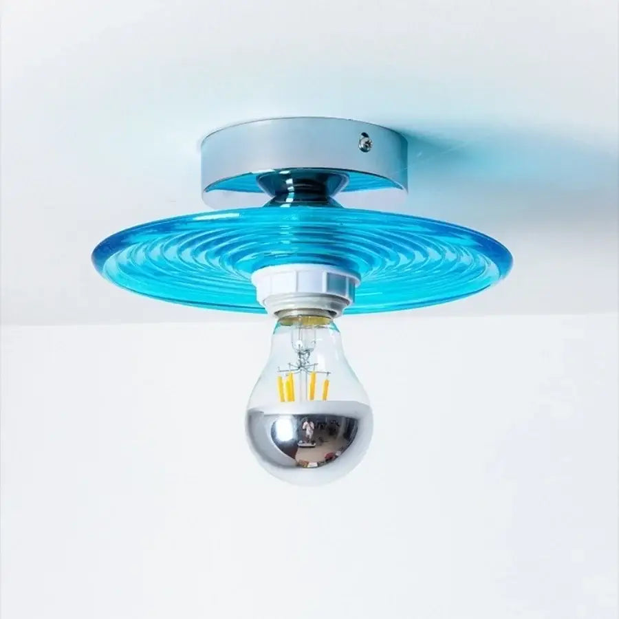 Modern chrome glass led ceiling light with a vibrant blue ribbed glass shade for bedroom ceiling lamp use