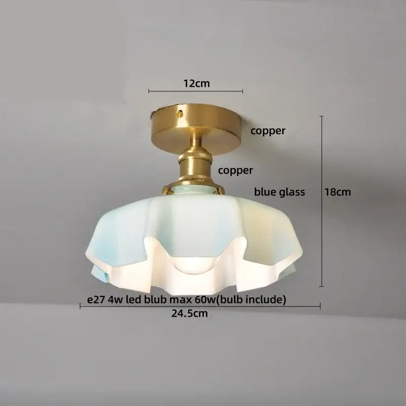 Vintage-style ceiling light with copper metal base and ruffled blue glass led ceiling lamp shade for bedroom use