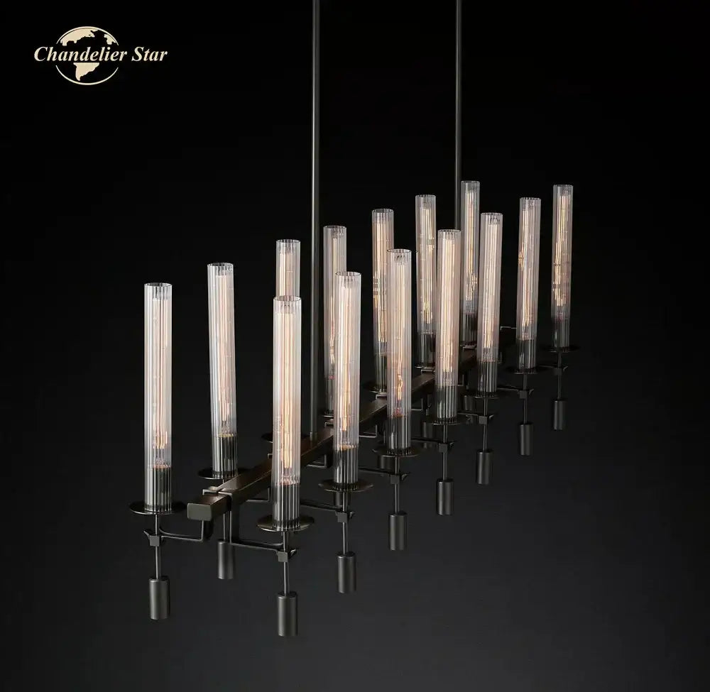 Modern black metal led linear chandelier with clear glass cylindrical shades and warm glass led bulbs for dining room