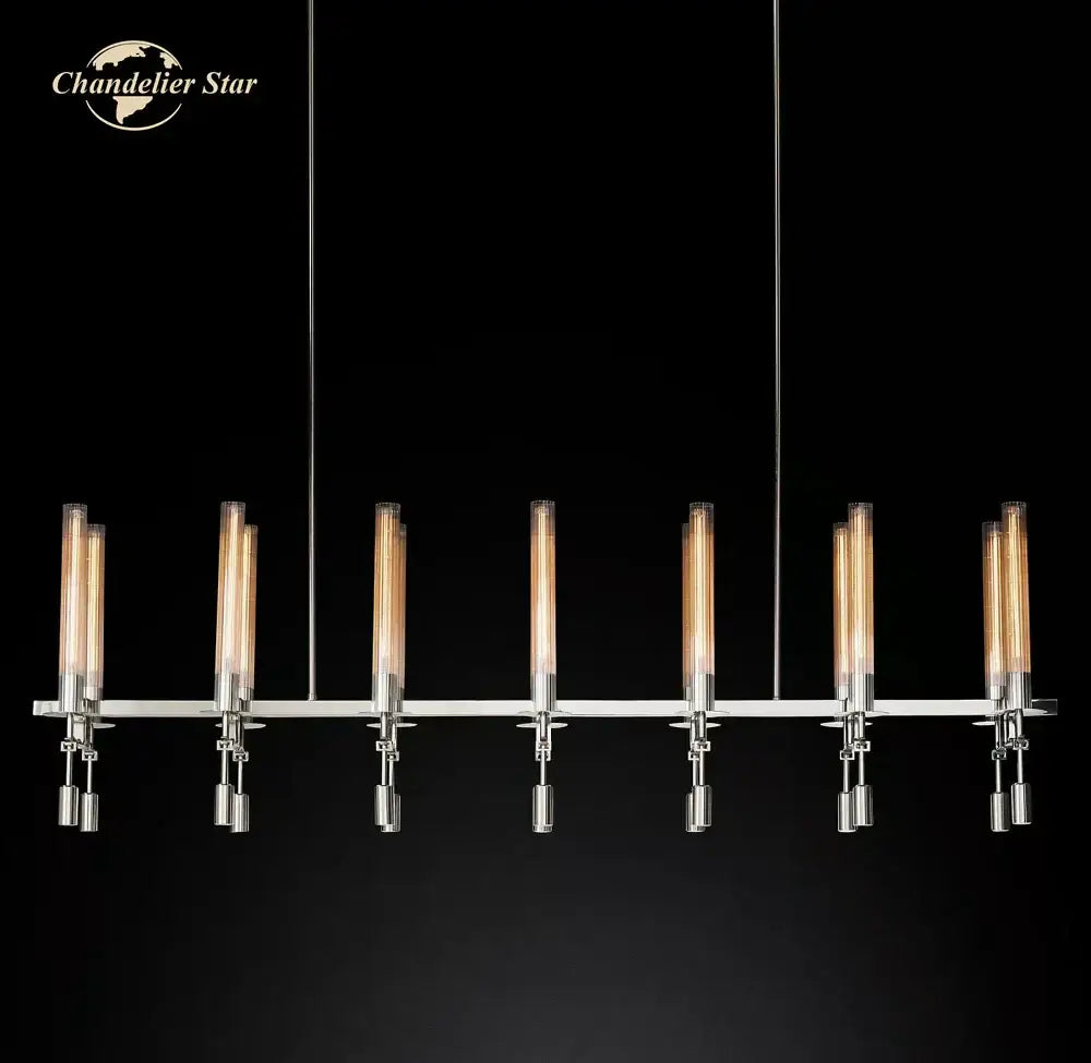 Modern chrome glass led linear chandelier with seven illuminated glass tubes and sleek metallic accents for dining room