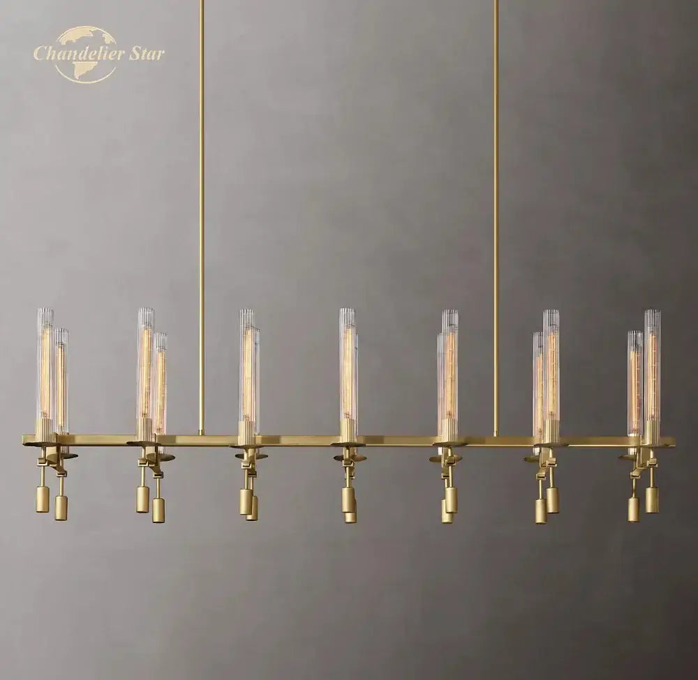 Gold-toned modern chrome glass led linear chandelier with vertical glass tubes and minimalist design for dining room lighting