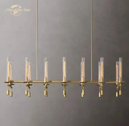 Gold-toned modern chrome glass led linear chandelier with vertical glass tubes and minimalist design for dining room lighting