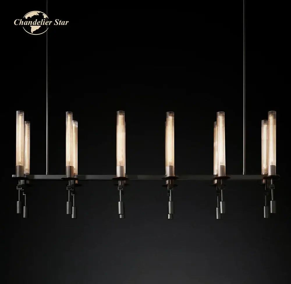 Modern chrome glass led linear chandelier with black metal frame and six glowing filament bulbs for dining room
