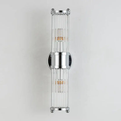 Modern chrome glass rod wall sconce with vertical rods and two embedded led bulbs, ideal for vanity lights in bathroom