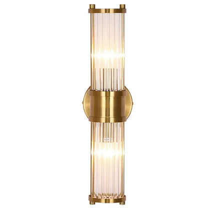 Modern gold-toned glass rod wall sconce with vertical rods and circular mounting plate for bathroom vanity lights