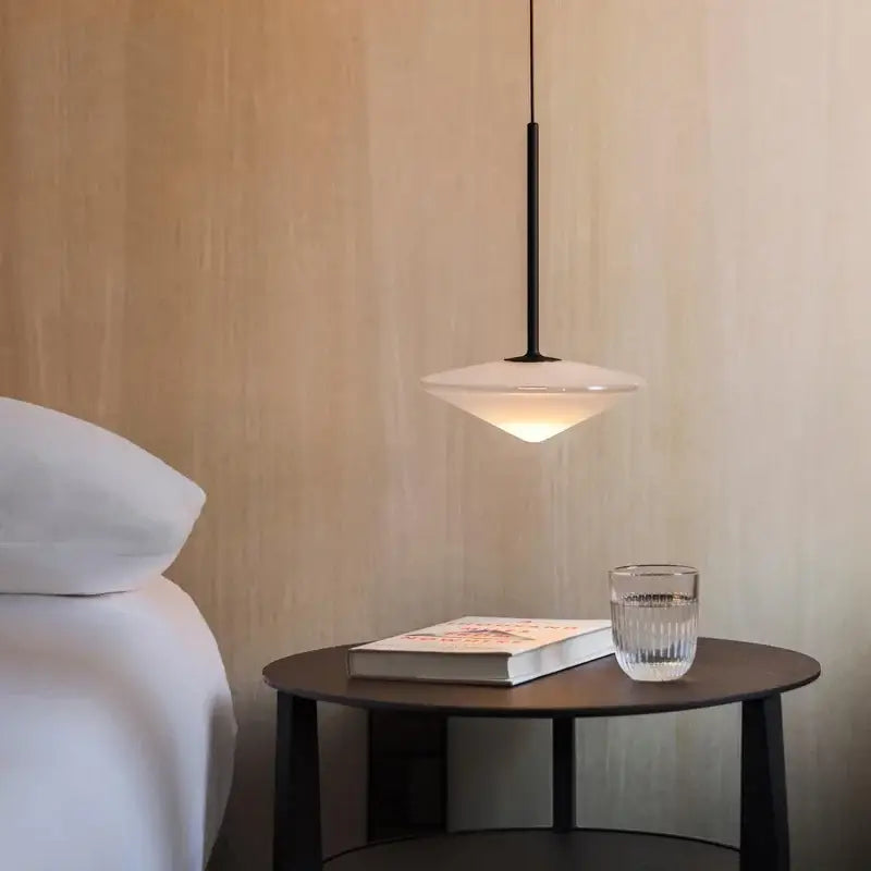Minimalist black pendant light with frosted glass shade in modern chrome glass saucer led chandelier for living room lighting