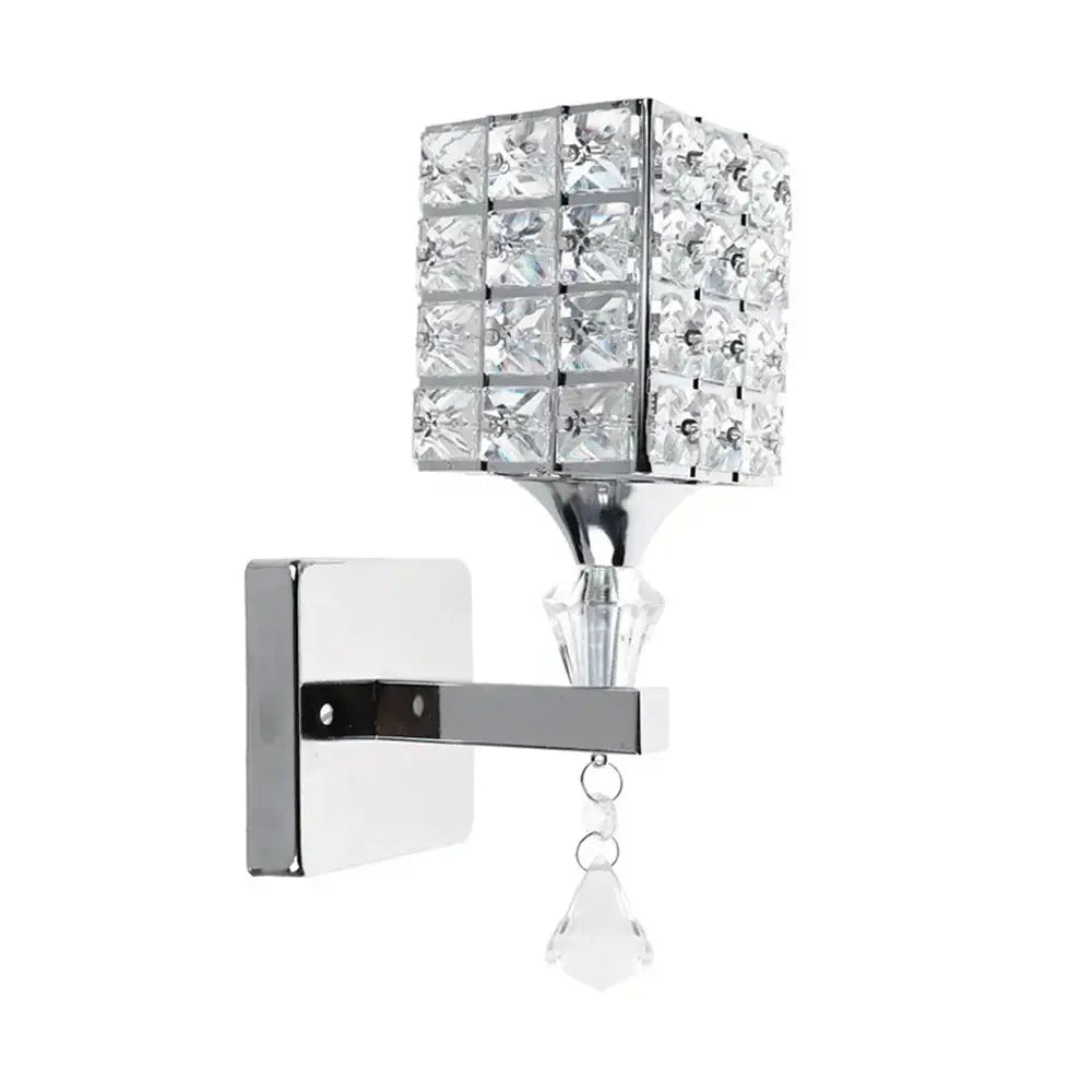 Modern chrome and gold crystal led wall light with chrome finished square crystal grid and clear teardrop decorbites crystal led