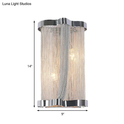Modern chrome and gold crystal tassel wall lamp with cascading silver chain links and sleek design set of 2