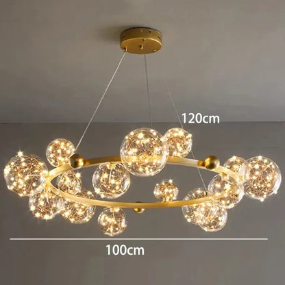 Modern chrome and gold decorbites crystal chandelier with transparent glass spheres and warm fairy lights for living room lighting