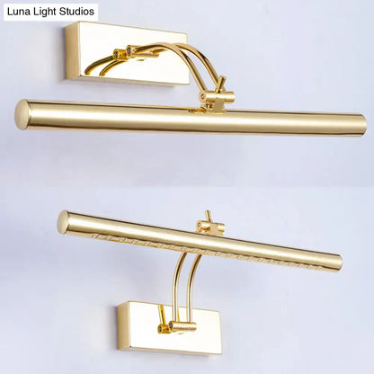 Gold-finished chrome gold led bathroom wall lamp with tubular metal shade and adjustable curved arms mounted on wall