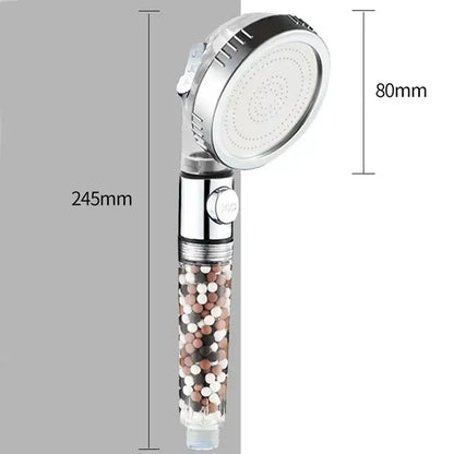 Modern chrome high pressure anion shower head with transparent body filled with multicolored filter beads and stop button