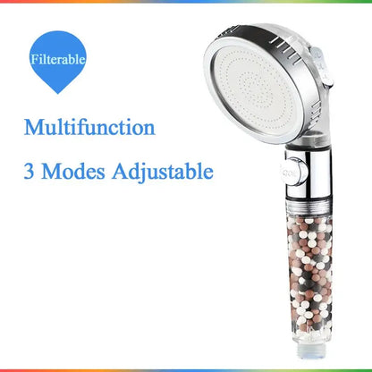 Modern chrome high pressure anion shower head with stop button and transparent filter housing containing multicolored beads