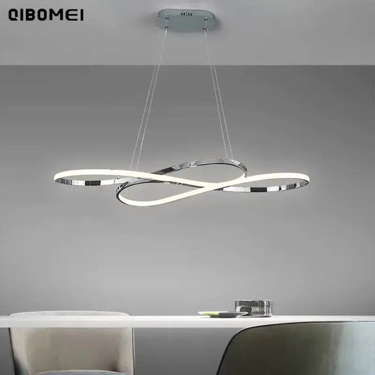 Modern chrome infinity led pendant light with minimalist metal construction and white illuminated strips for dining room