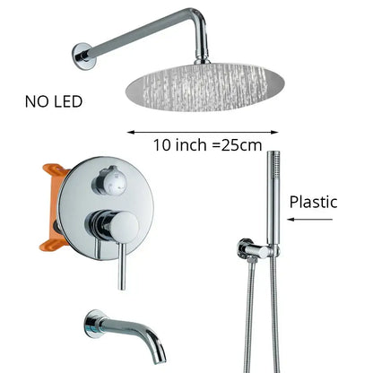 Chrome finished 10 inch round brass showerhead with water spray in modern chrome led decorbites brass shower set