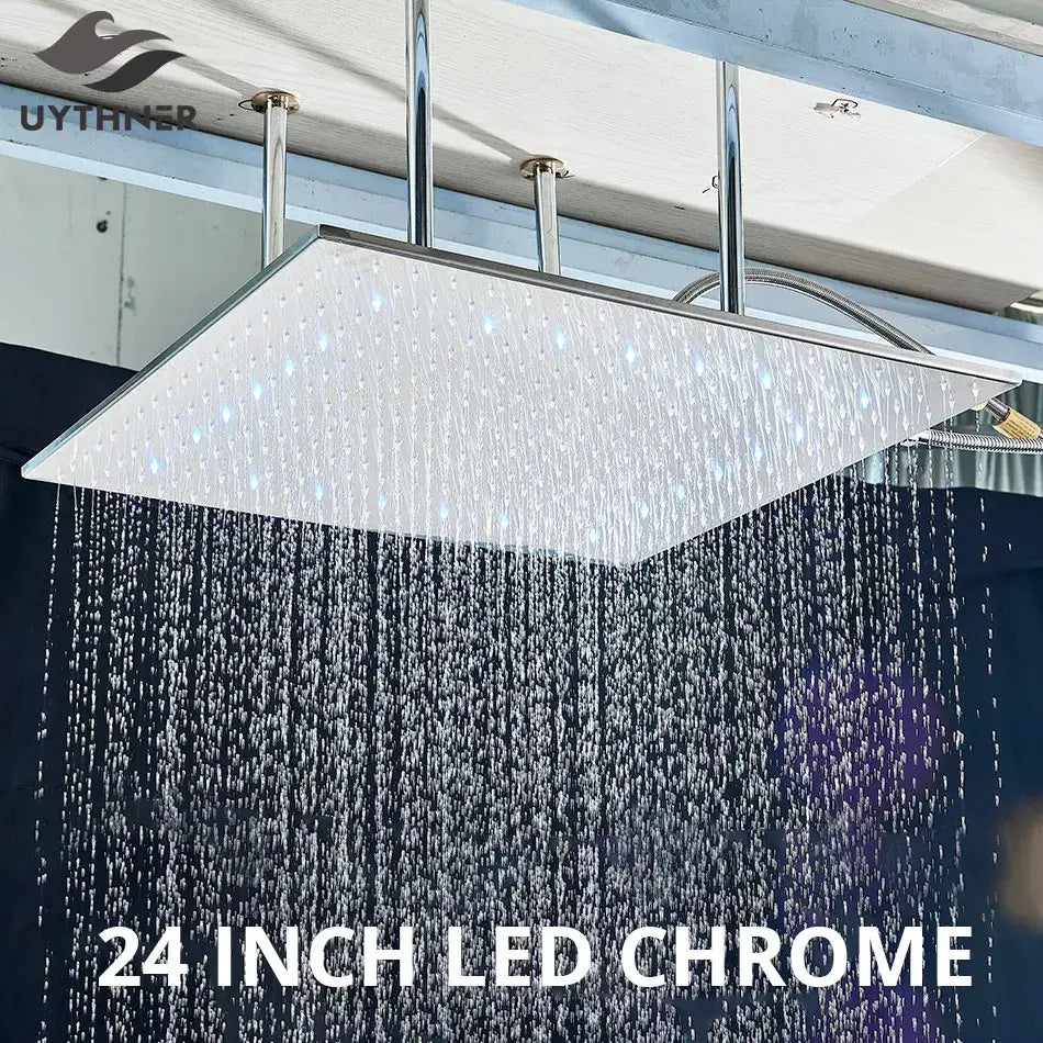 Modern chrome led rain shower head with a 24-inch rectangular design and integrated lighting for ceiling installation